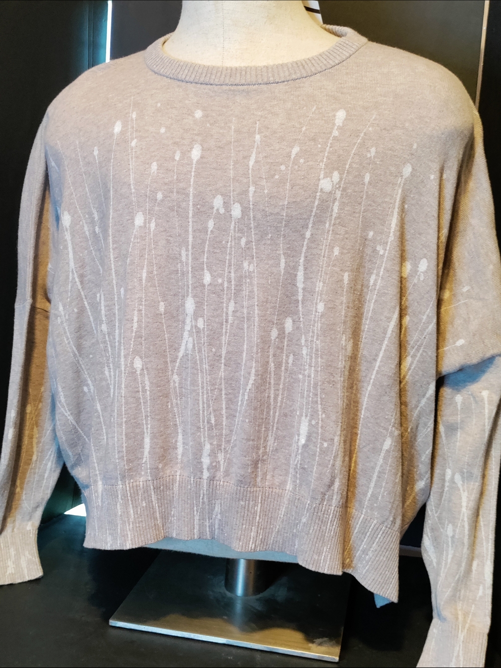 PLANET By Lauren G Taupe Crewneck Sweater with White Splash Detail NWT